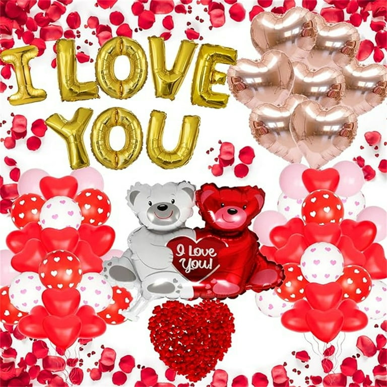 Leyfeng Valentine's Day Decoration, Balloon Set, 1000Pcs Rose Petals, Heart Shaped Balloons & Bear Balloons for Anniversary, Valentine's Day, Wedding Decor