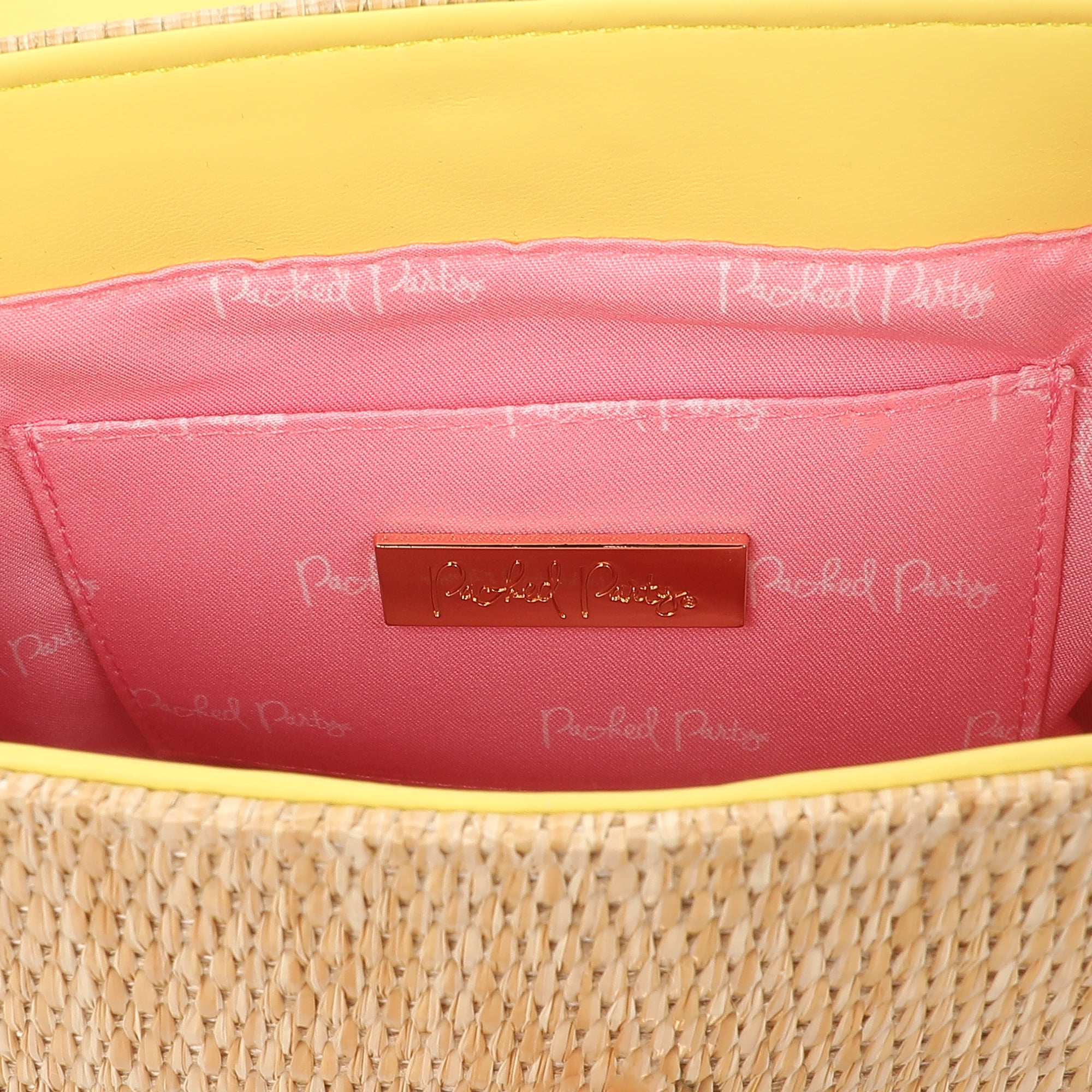 Packed Party Women's Woven Straw Crossbody Bag with Faux Leather Scallop and Chain Strap, Yellow