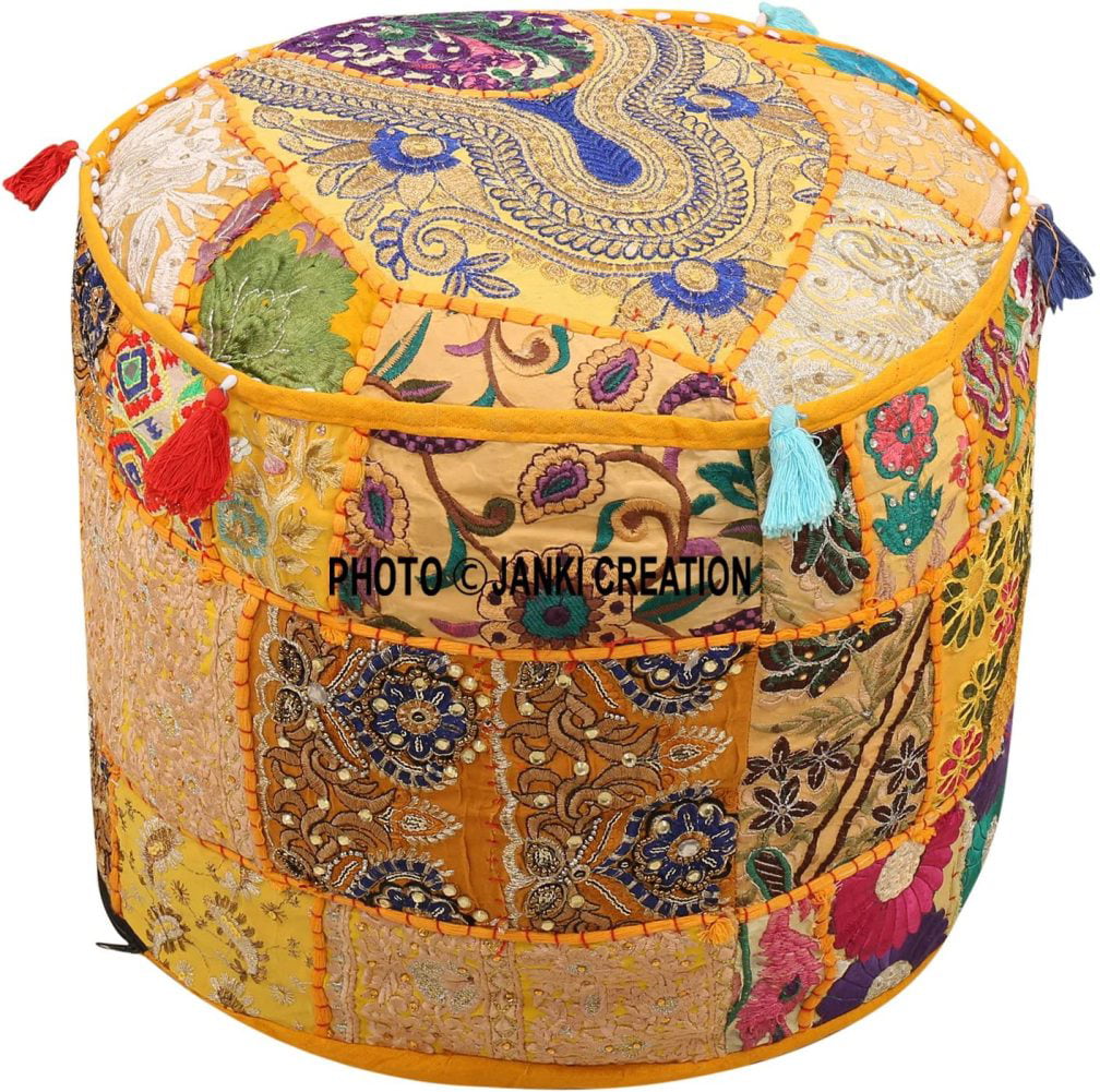 Round Pouf Ottoman Cover Vintage Patchwork Indian Pouffe Cover Beige Footstool 