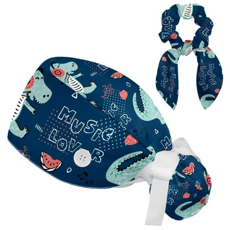 

Working Cap with Buttons and Sweatband Scrub Hat Bouffant Caps with Scrunchie Dinosaur Tie Back Hats