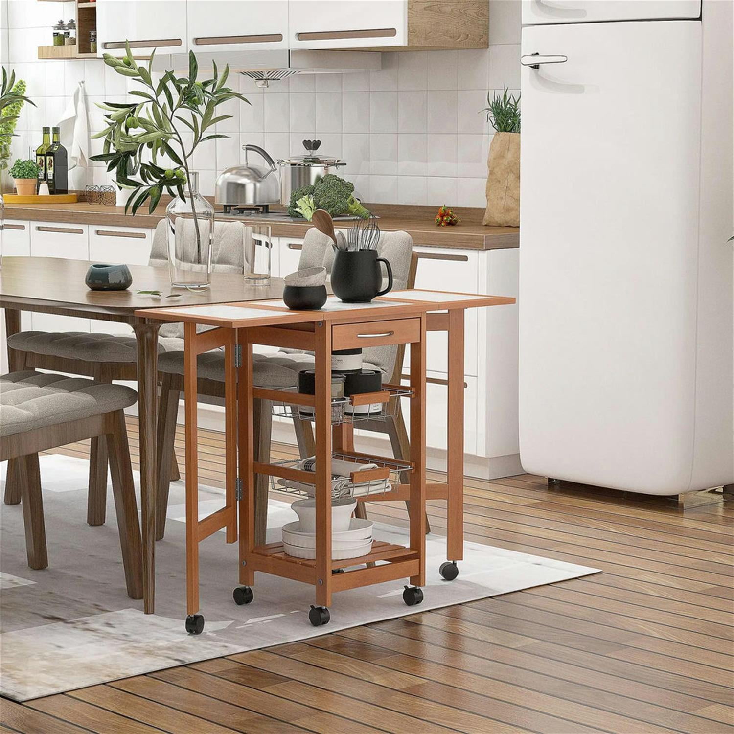 Demi Bonn Small Wooden Kitchen Island Cart on Wheels with Drop Leaf, Rolling Portable Dining Room Serving Utility Carts Mobile Movable with Basket Storage, Brown