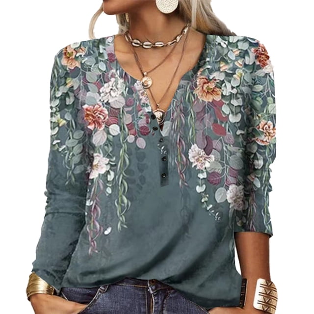 Blusa informal elegante de manga larga con cuello entallado y estampado para mujer, color morado, talla L