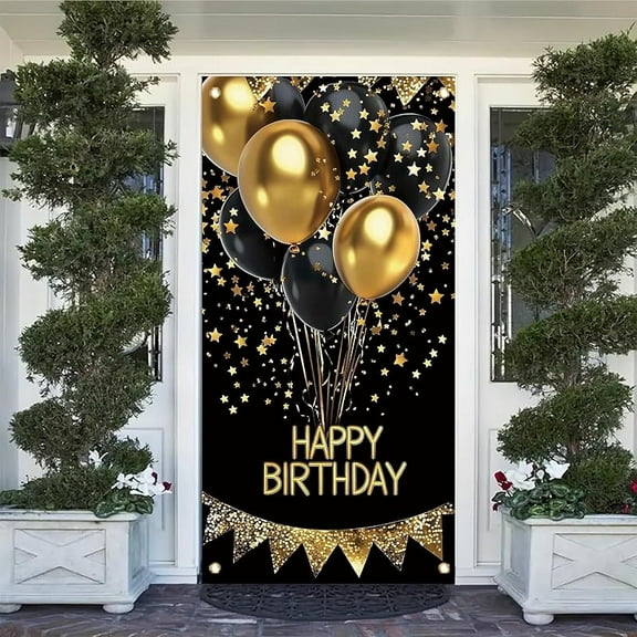 3x6FT Happy Birthday Door Cover Banner Black Gold Balloons Birthday Door Banner Supplies Happy Birthday Decorations Banner