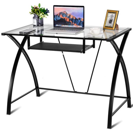 Costway Clear Glass Top Computer Desk W Pull Out Keyboard Tray