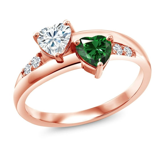 Gem Stone King 18K Rose Gold Plated Silver Green Nano Emerald Ring Set with Moissanite (1.00 Cttw) (Size 9)