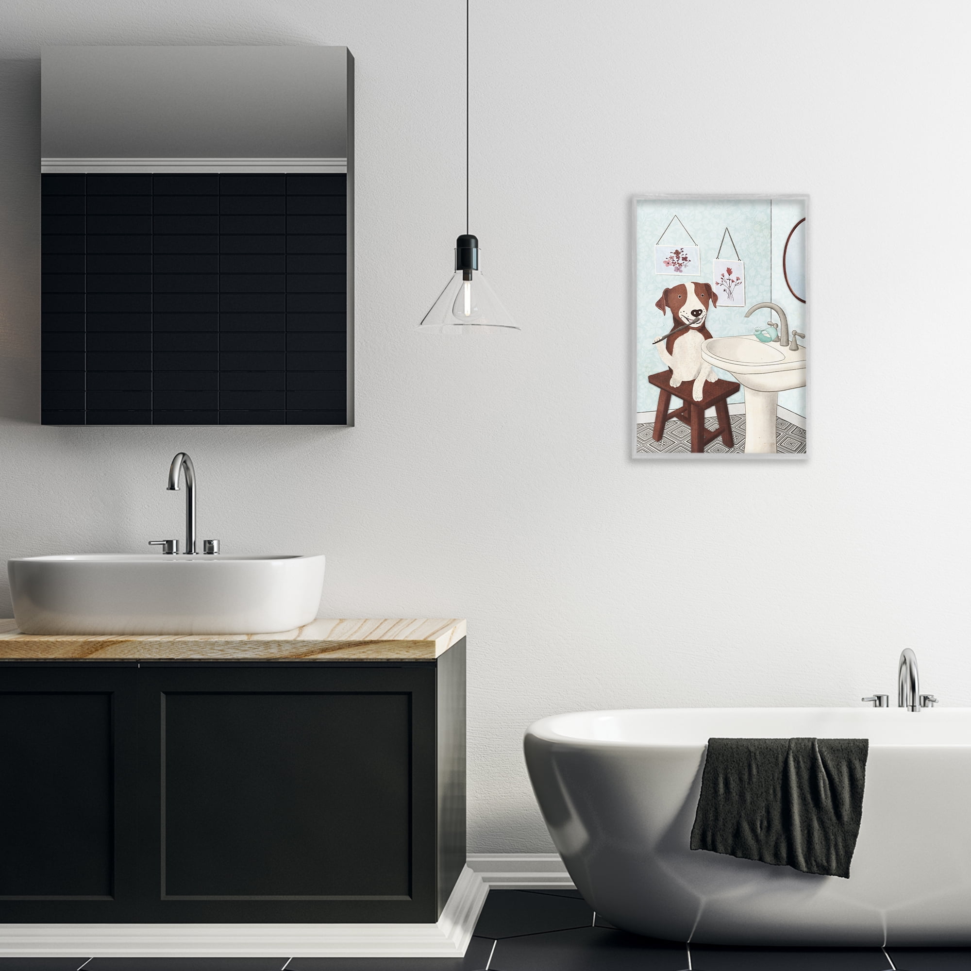 Stupell Industries Dog Brushing Teeth Typography Painting Gray Framed Art Print Wall Art, 16 x 24