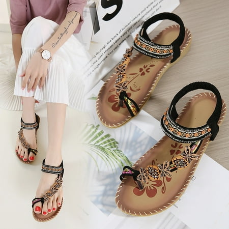 

Bohemian Flat Flower Rhinestone Sandals Outer Beach Sandals