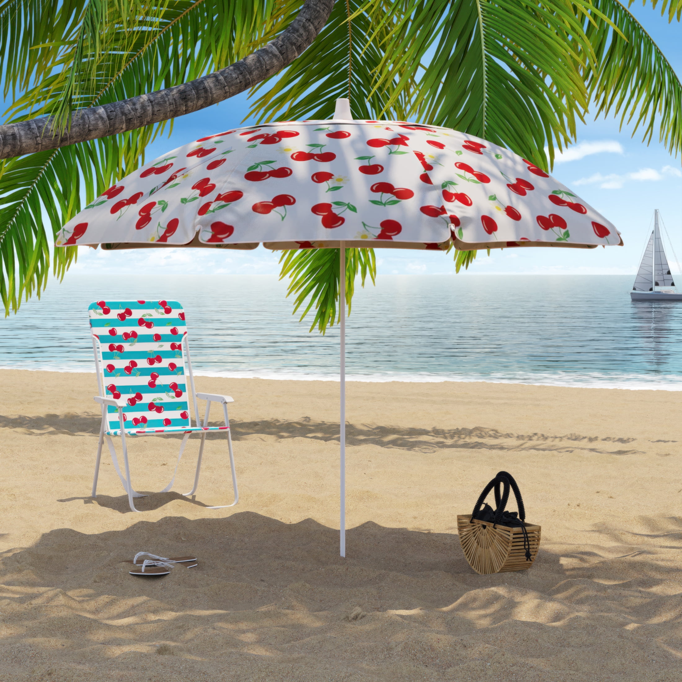 Parasol de plage octogonal Cerises et marguerites 2,1 m Mainstays