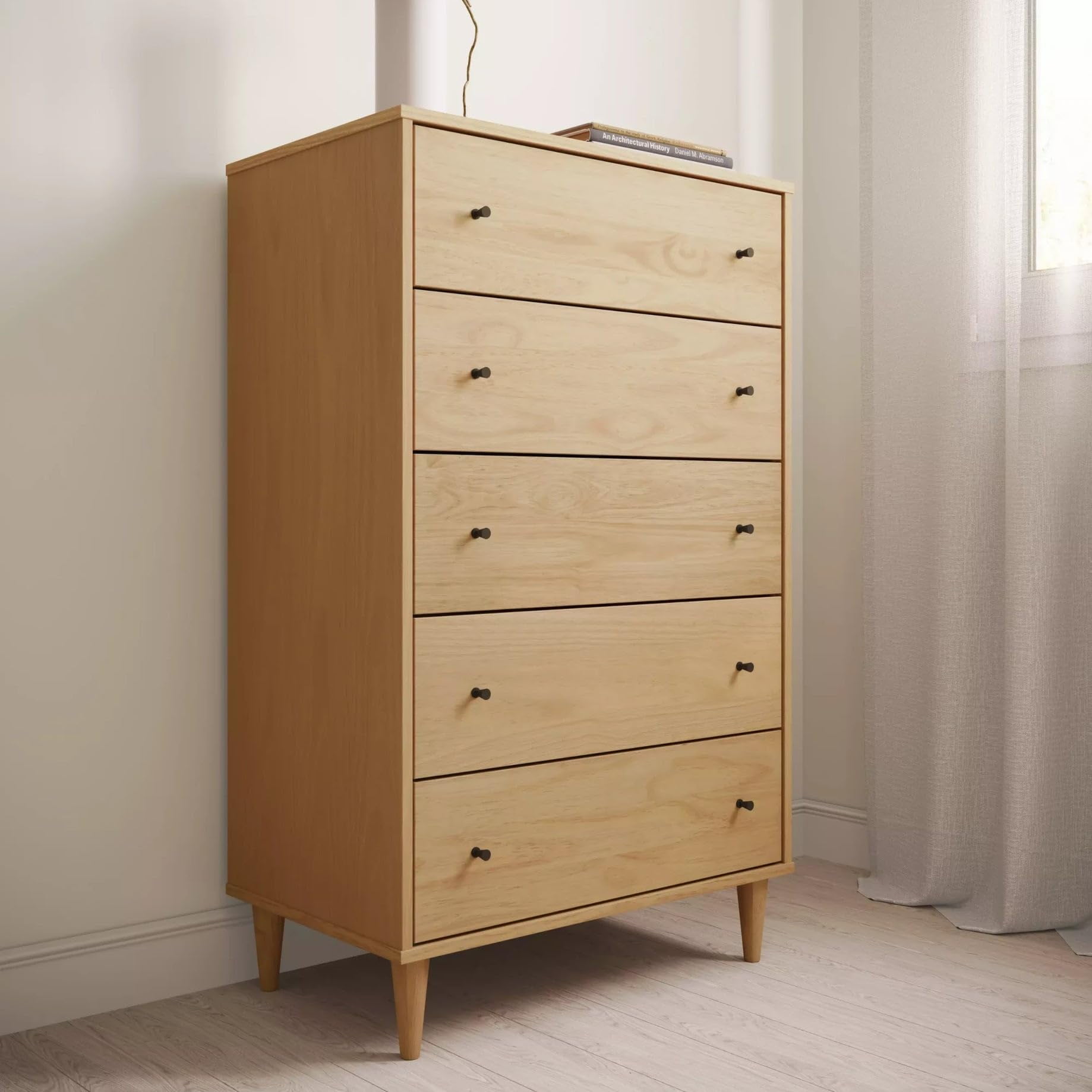 Grain Wood Furniture Solid Wood Mid Century 5-Drawer Chest, with a Brushed Natural finish