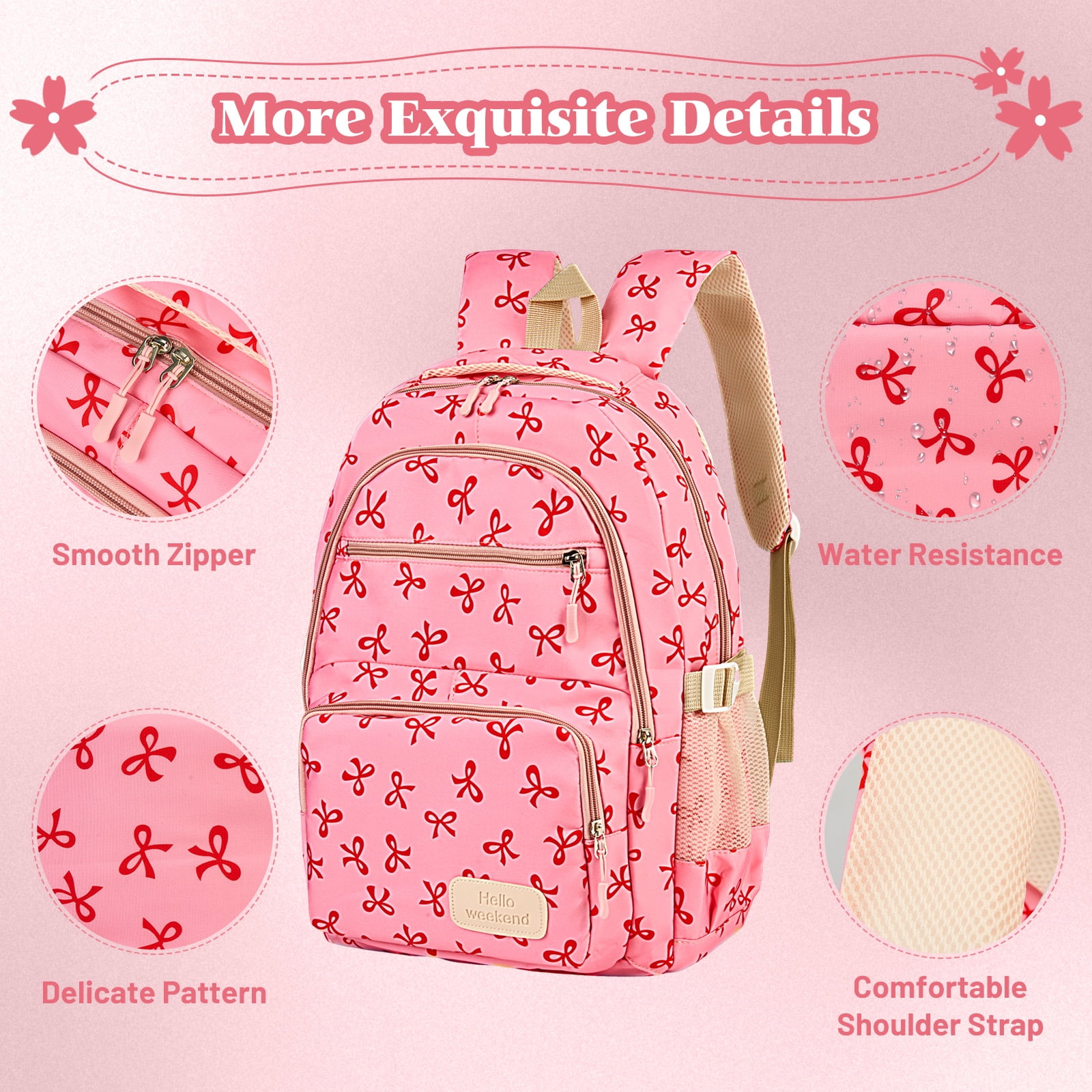 Dakimoe School Backpack Set with Cute Bow, Lightweight Bookbag - Rose Red, Perfect for Elementary & Middle School  Ages 4-12