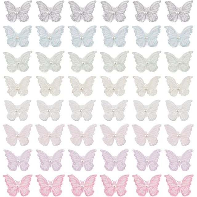 48 parches de encaje de mariposa de 8 colores - Parches de organza de mariposa 3D de doble capa con perla de imitación para decoración de fiestas y bodas