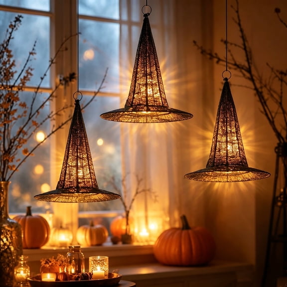 Halloween Black Mesh Witch Hat Hanging Light Ornament LED Lighted Pointed Witch Hat Decor with Hanging Ring Indoor Window Wall Farmhouse Hanging Lamp for Halloween Party Fall Home Holiday Decoration