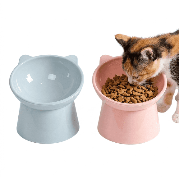 ROSEXIXI 2pcs Elevated Cat Bowls Tilted Dog Food Dish Raised Pet Feeder Blue Pink for Neck Protection