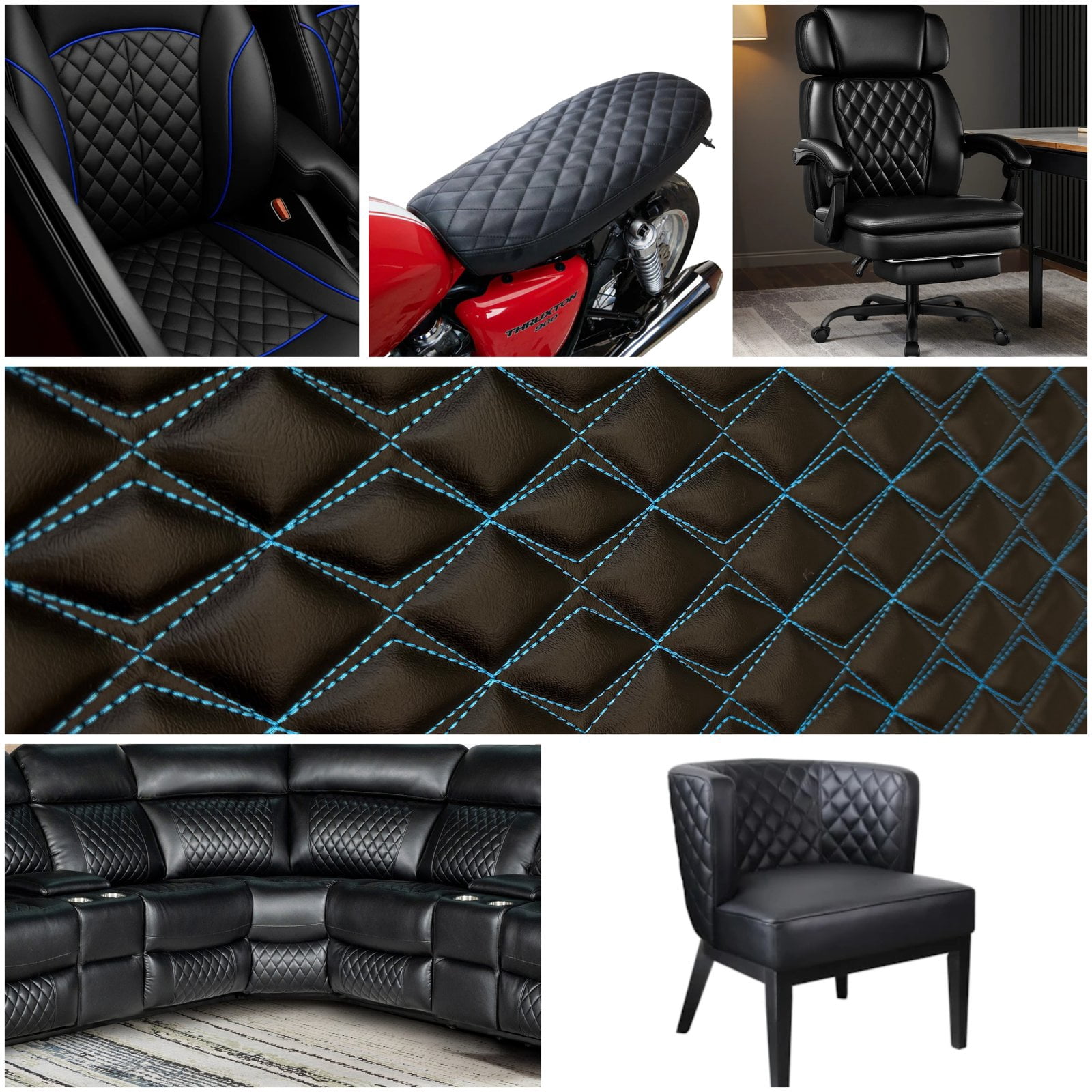 Vinyl Quilted Foam Padded Fabric W 3/8" Foam Backing Upholstery Car Headliner Vehicle & Motorcycle Seats Door Panels /58" W/ Continuous Yard (Black-Red Double Stitching, Diamond 2"X3")