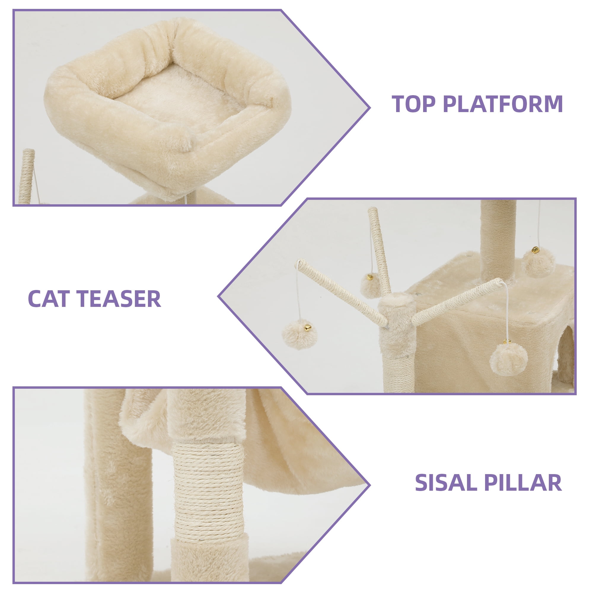 Uforic 44" Cat Tree Tower, with Scratch Posts, Condo, Hammock, Toys, Beige