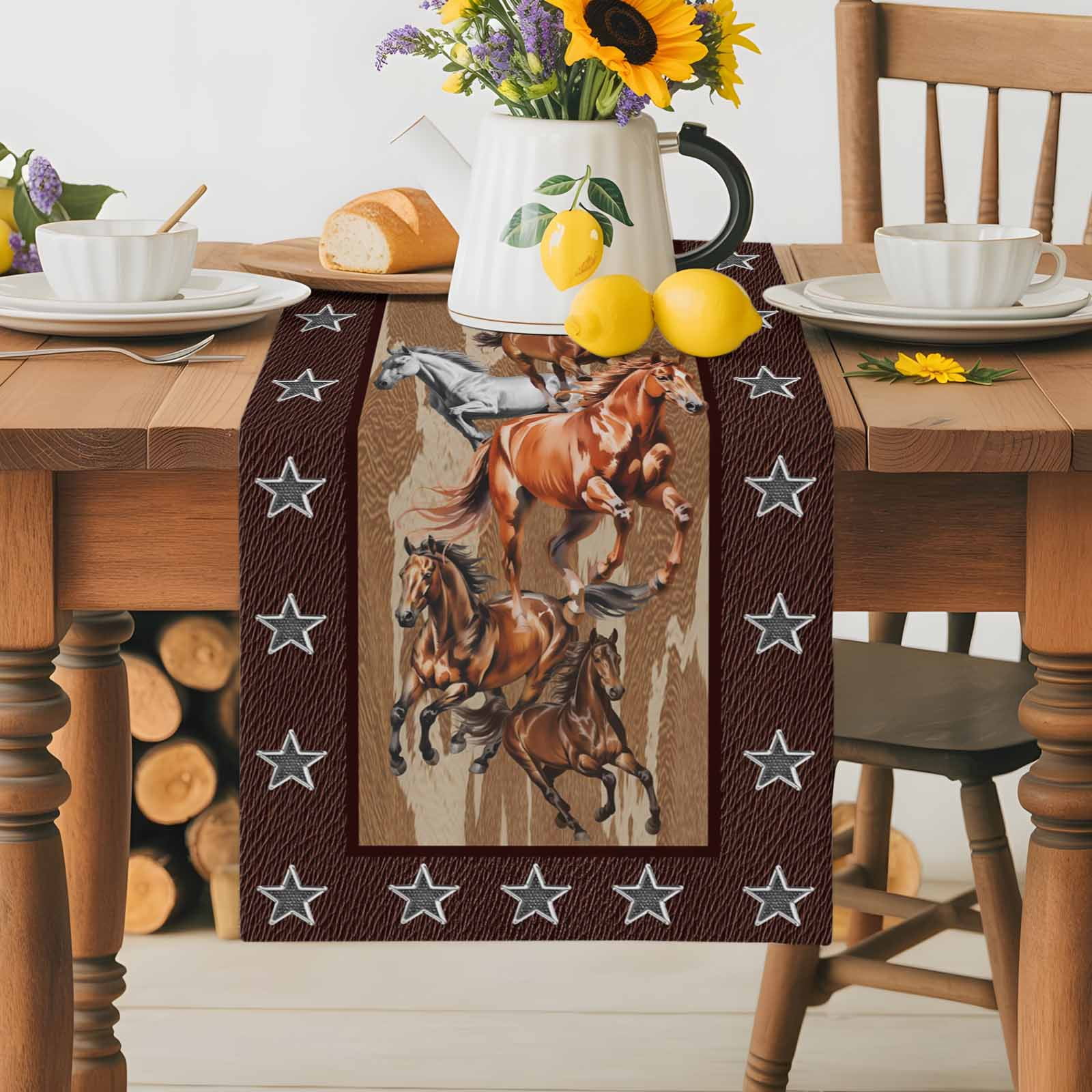 Horses Table Runner, Western Brown White Horse Brown Animal Texture Stars Washable Kitchen Table Runners Dress Scarves for Dining Table Decorations Party, 13x90in