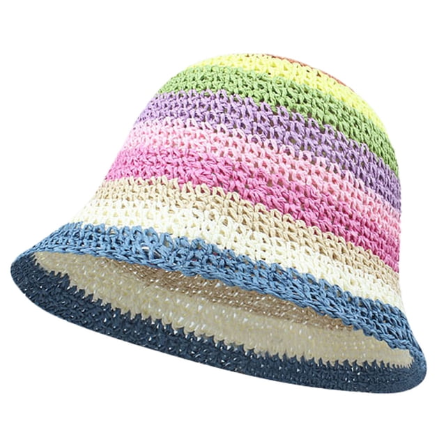 Sombrero de paja arcoíris con circunferencia de la cabeza de 56-58 cm, para mujer, protector solar de verano, para playa, sombrero de pescador, sombrero con rayas que cubre la cara