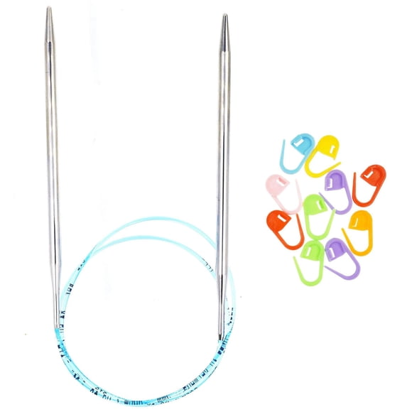 addi Turbo Original 60 inch (150cm) US 36 (20.0mm) Circular Knitting Needle, Plastic Shaft, Standard Taper & Tips, Smooth Joins, Blue Pliable Cord with 10 Colorful Stitch Markers