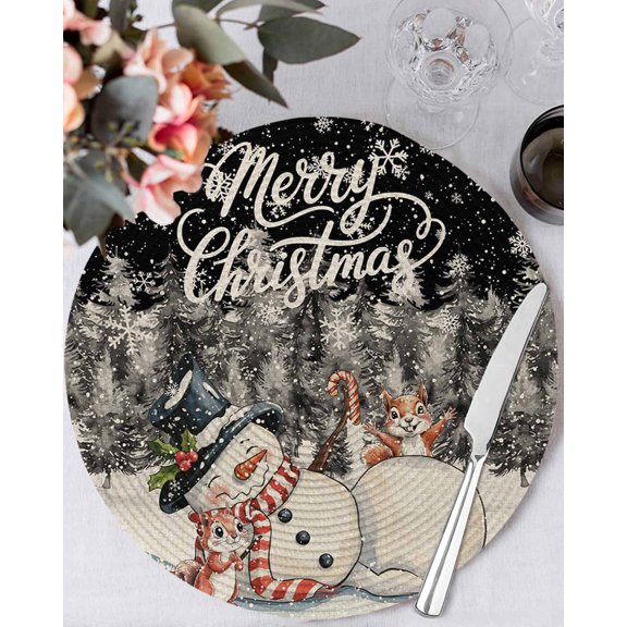 13 Inch Round Placemats Set of 4, Black Snowman Christmas Non Slip Heat Insulation PP Table Mats, Xmas Tree Rustic Snowflake Washable Place Mats for Kitchen Dining Party Table Decor