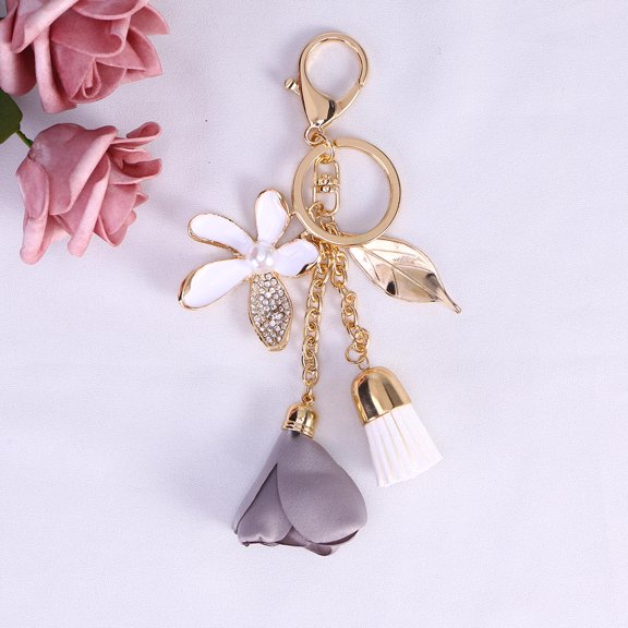Niceauty Grey Flower Tassel Keychain for Handbag Car Keychain and Bag Pendant Accessory