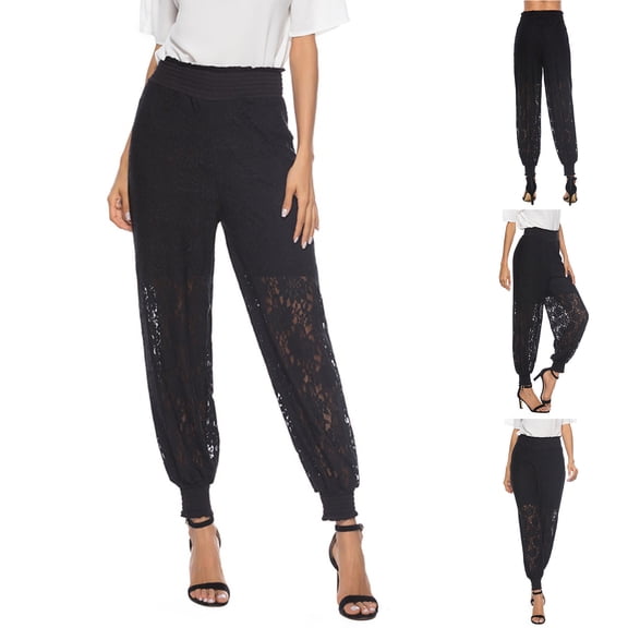 Fewfanhot Women's Pants See Through Flare Leggings Hollow Out Mesh Sheer Cover Up Trousers