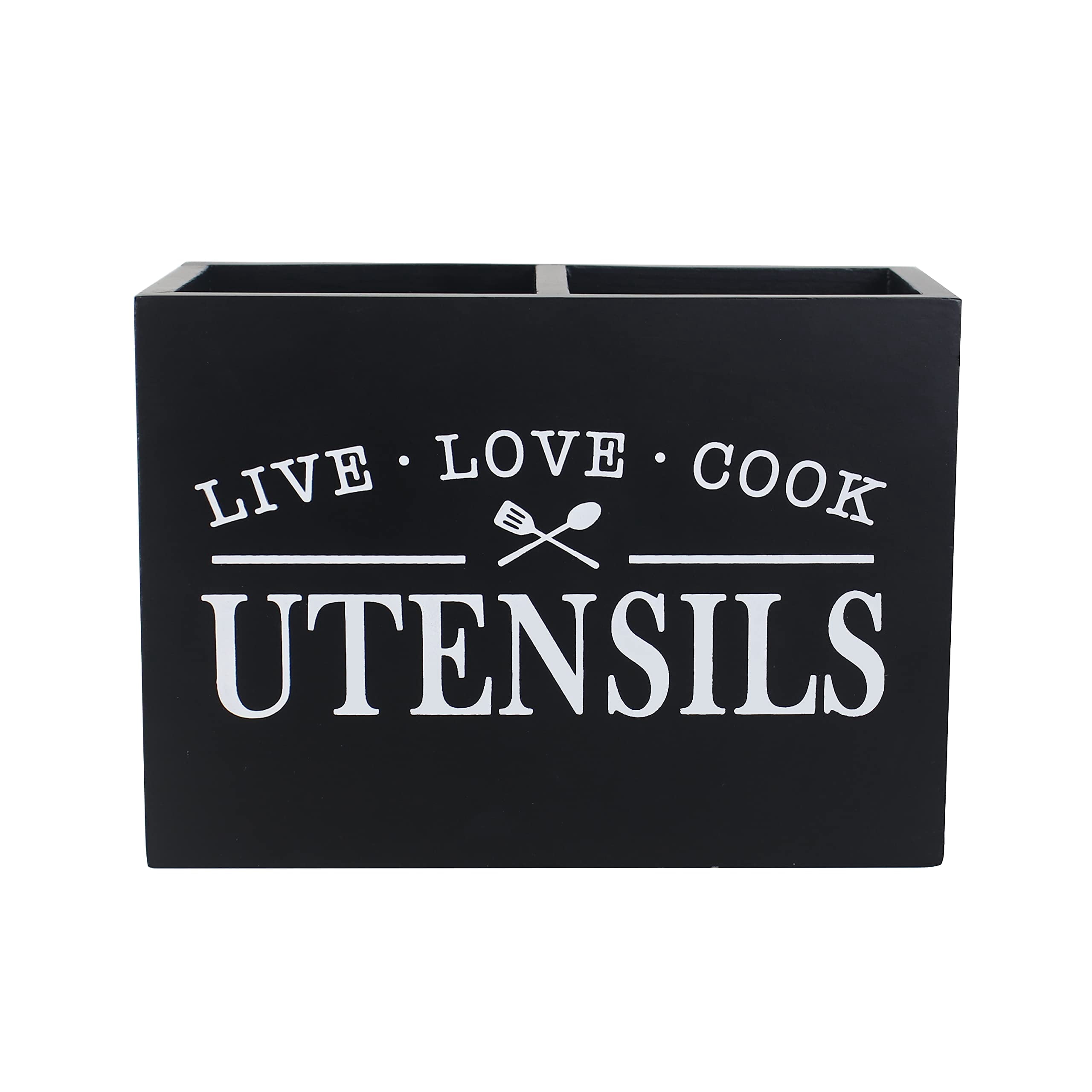 Arikago Kitchen Utensil Holder with Removable Bottom Large 2 Compartments Utensil Organizer Farmhouse Utensil Caddy for Countertop Decor, 9 x 7 x 5 Inch, Black