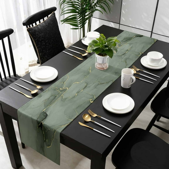 Sage Green Marble Cotton Linen Small Table Runner 13 x 36 inch Modern Abstract Art Ink Painting Non-slip Rectangular Dining Table Decor for Wedding Party Holiday Dinner