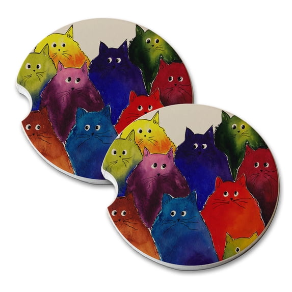 KuzmarK Sandstone Car Drink Coaster (set of 2) - Very Colorful Two-Toned Silly Maine Coon Kitties White Background Art by Denise Every