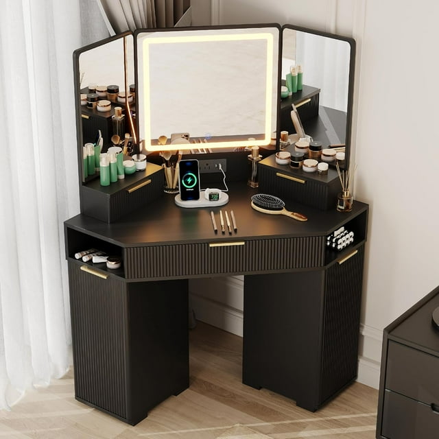 Coiffeuse d'Angle Noire avec Miroir Éclairé, Design Cannelé, Tiroirs, Armoires et Station de Recharge Intégrée, Coiffeuse d'Angle Moderne pour Chambre