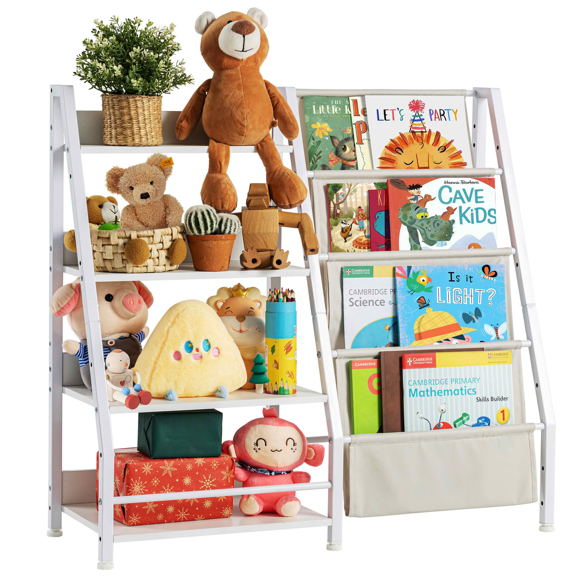 MAYEERTY White Metal 4-Tier Kids Bookshelf, 4 Sling Pockets for Playroom Bedroom