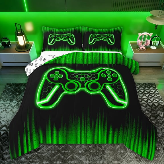 Castle Fairy Teens Green Gamepads Queen Comforter Set,Video Game Bedding Comforter Set