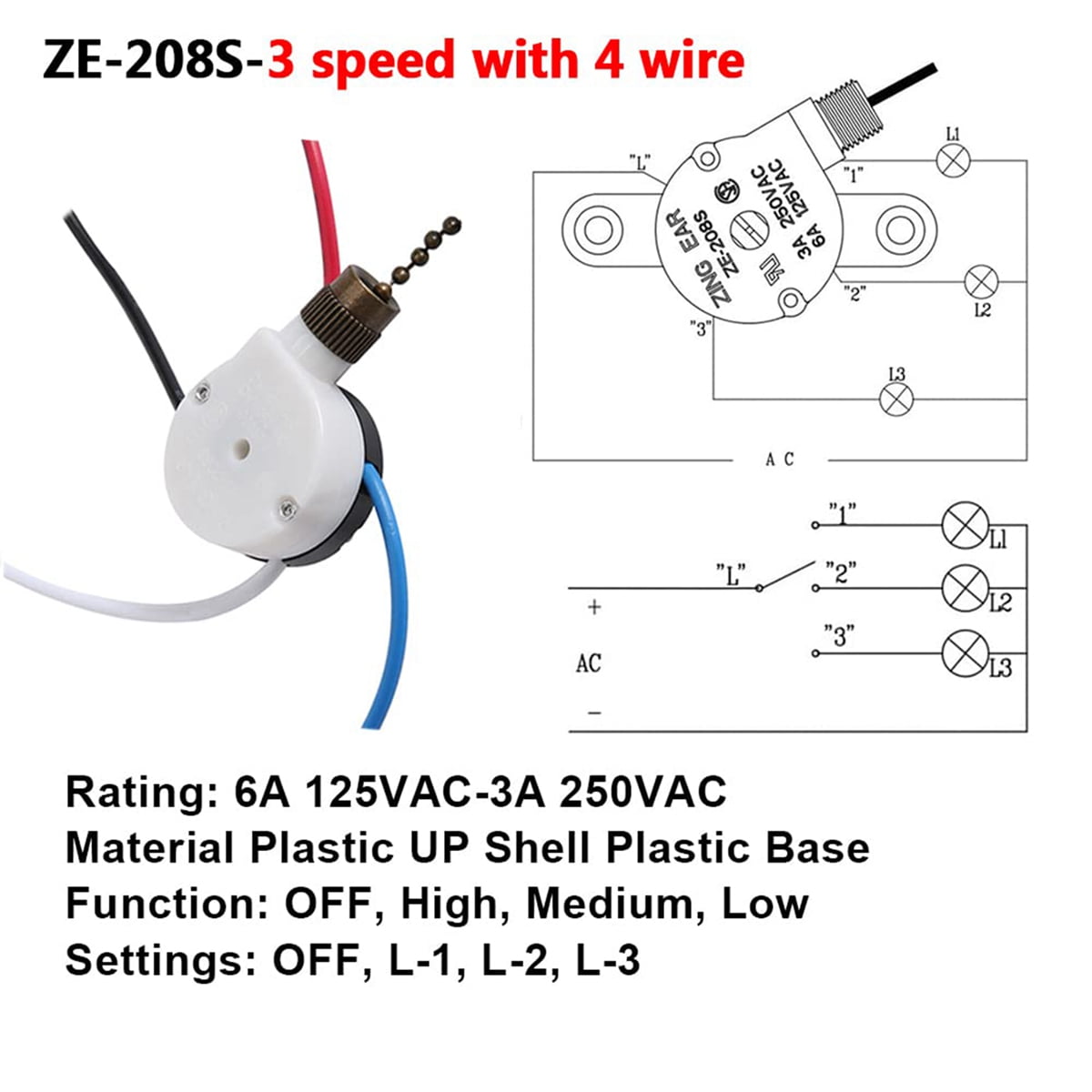 2 PCS Fan Light Switch ZE 208S 3 Speed 4 Wire Ceiling Replacement Part