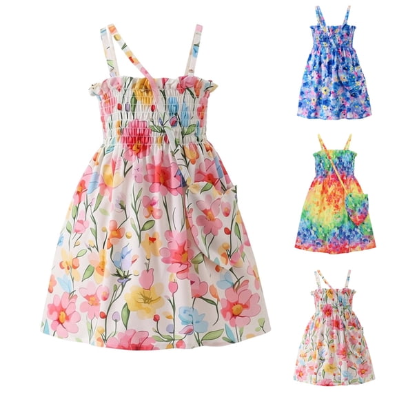 YHAJDS Girls Cotton Spaghetti Strap Dress Printed Beach Vacation Dress with Bag Set Daily Summer Sundress