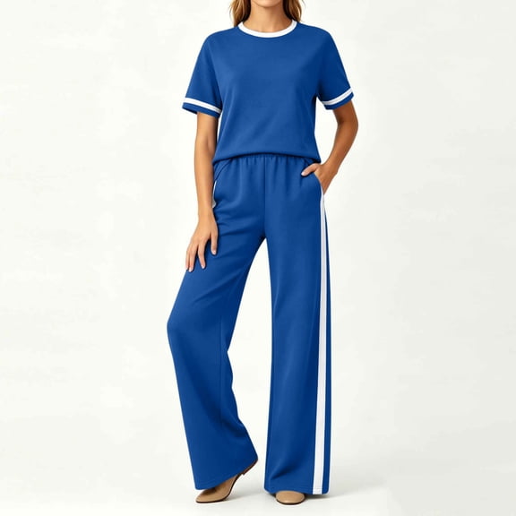 Cagogo Women's 2 Piece Tracksuits Set Casual Summer Cruise Outfits Loose Short Sleeve Crew Neck Tops Comfy Pants Matching Lounge Sets Loungewear Travel Airport Outfit Clothes, Blue 2XL