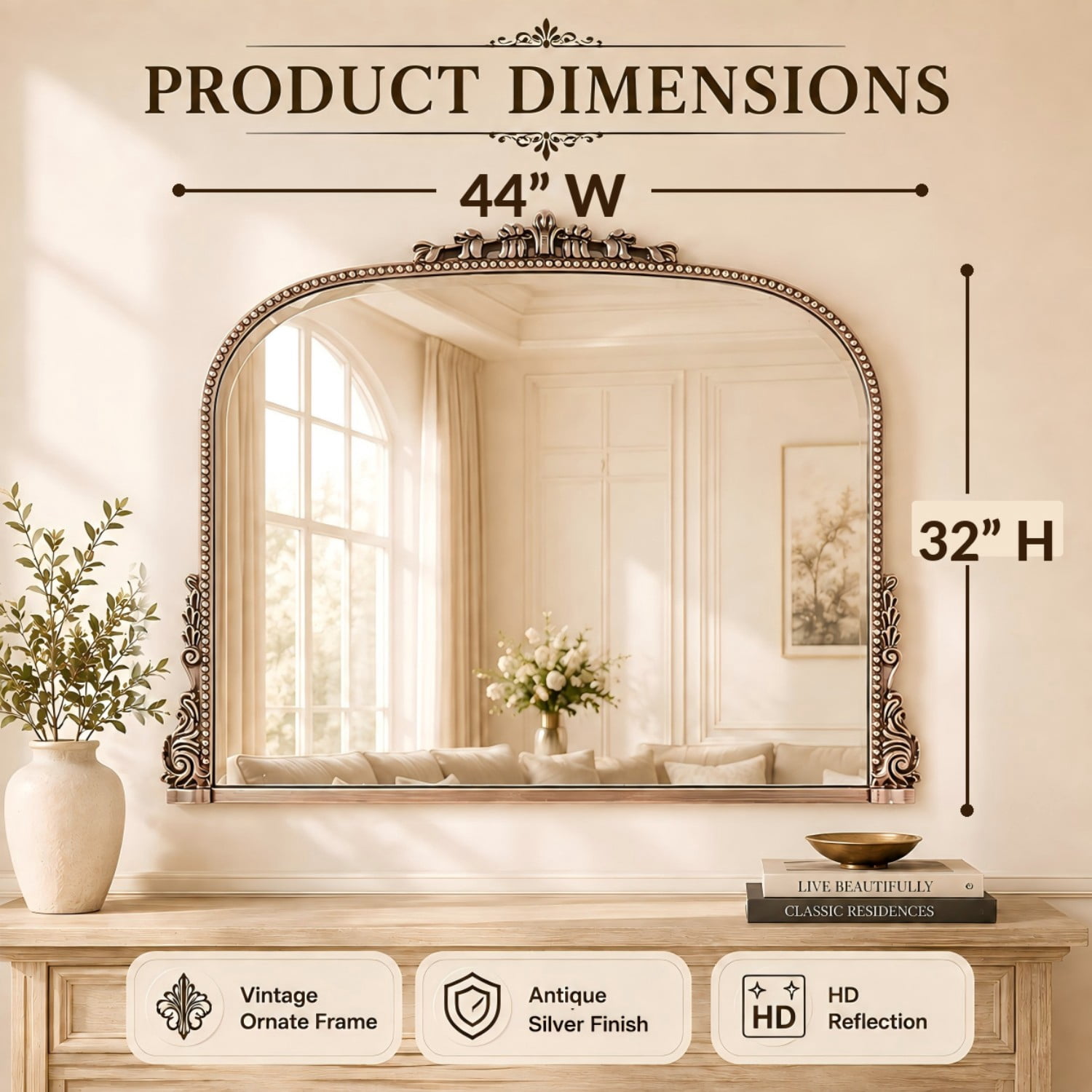 BEAUTYPEAK 44"x32" Vintage Bathroom Mirror Baroque Style Decorative Vanity Mirror Wall Mounted, Antique Silver