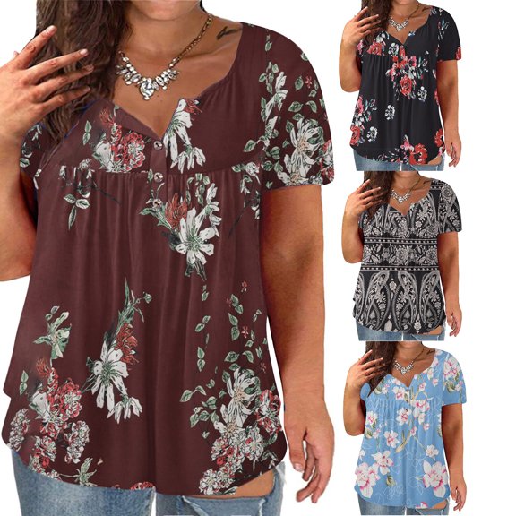 Jacenvly 2024 new plus size womens clothes Fashion Women Flowers Print Button Short Sleeve Tops Blouse breathable Floral Ruffle Trim Flouncev neck t shirts t-shirts womens summer Black