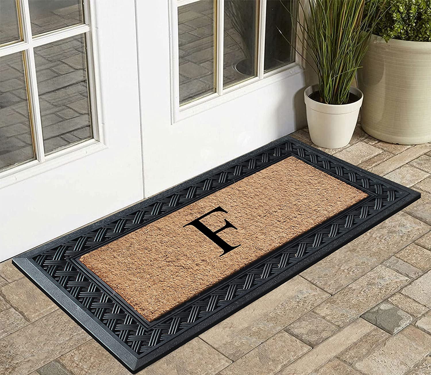 A1 Home Collections Paisley Rubber and Coir Outdoor Doormat, Non-Slip Backing, Black/Beige 23 x 38