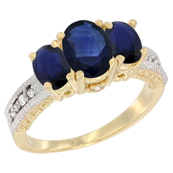 14K Yellow Gold Diamond Natural HQ Blue Sapphire Ring Oval 3-stone, size 5.5