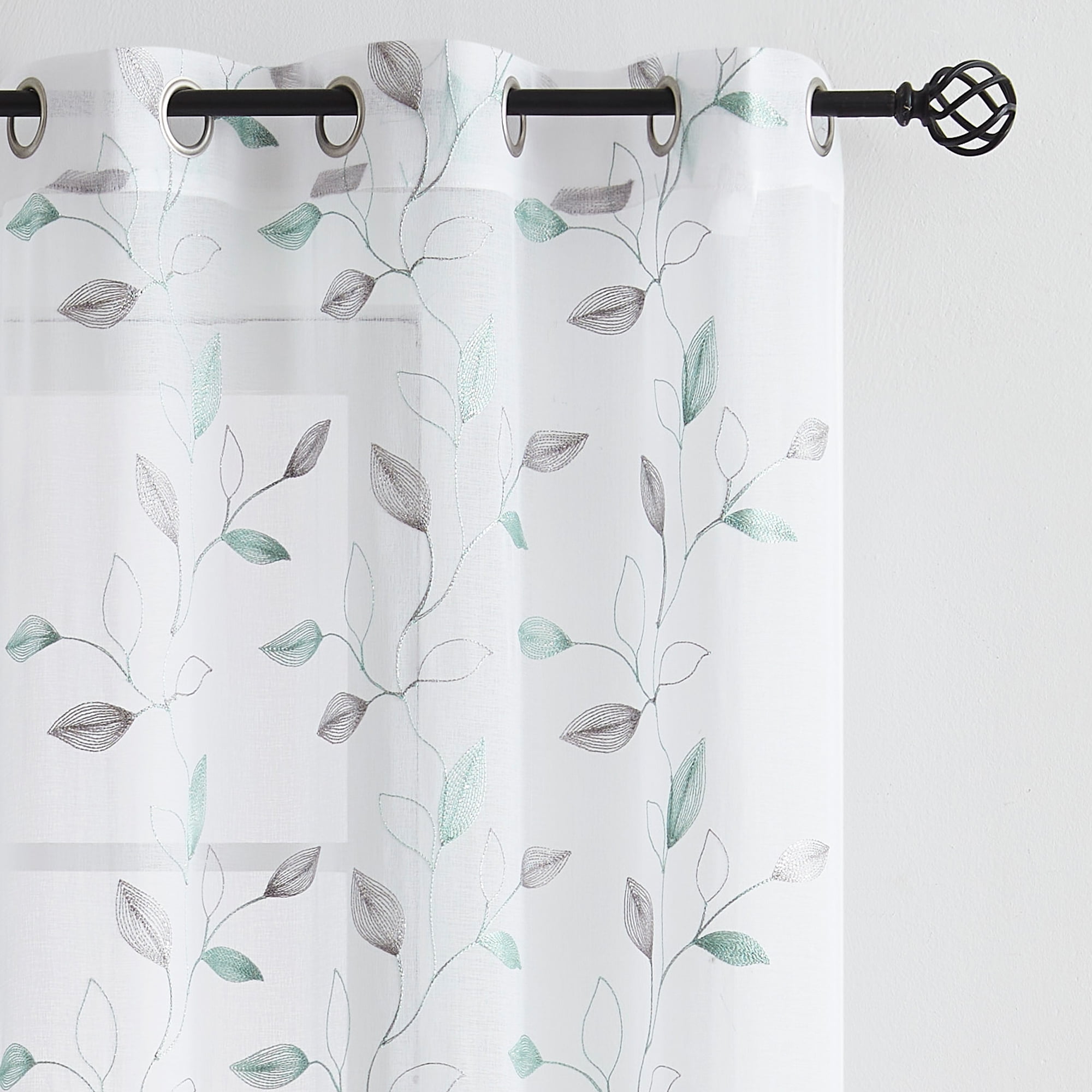 Pinewave Sheer Curtains for Living Room Embroidered Leaf Floral Farmhouse Light Filtering Window Panels Grommet Top 38"Wx63"Lx2,Grey