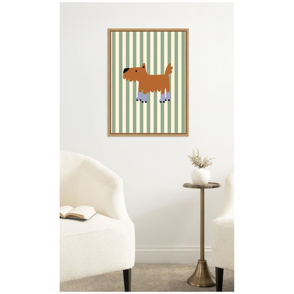 Kate and Laurel Framed Canvas Wall Art Print Skating Dog by Laura Moss, 18 x 24 Sylvie Natural Frame, Whimsical, Kid Art for Wall Decor