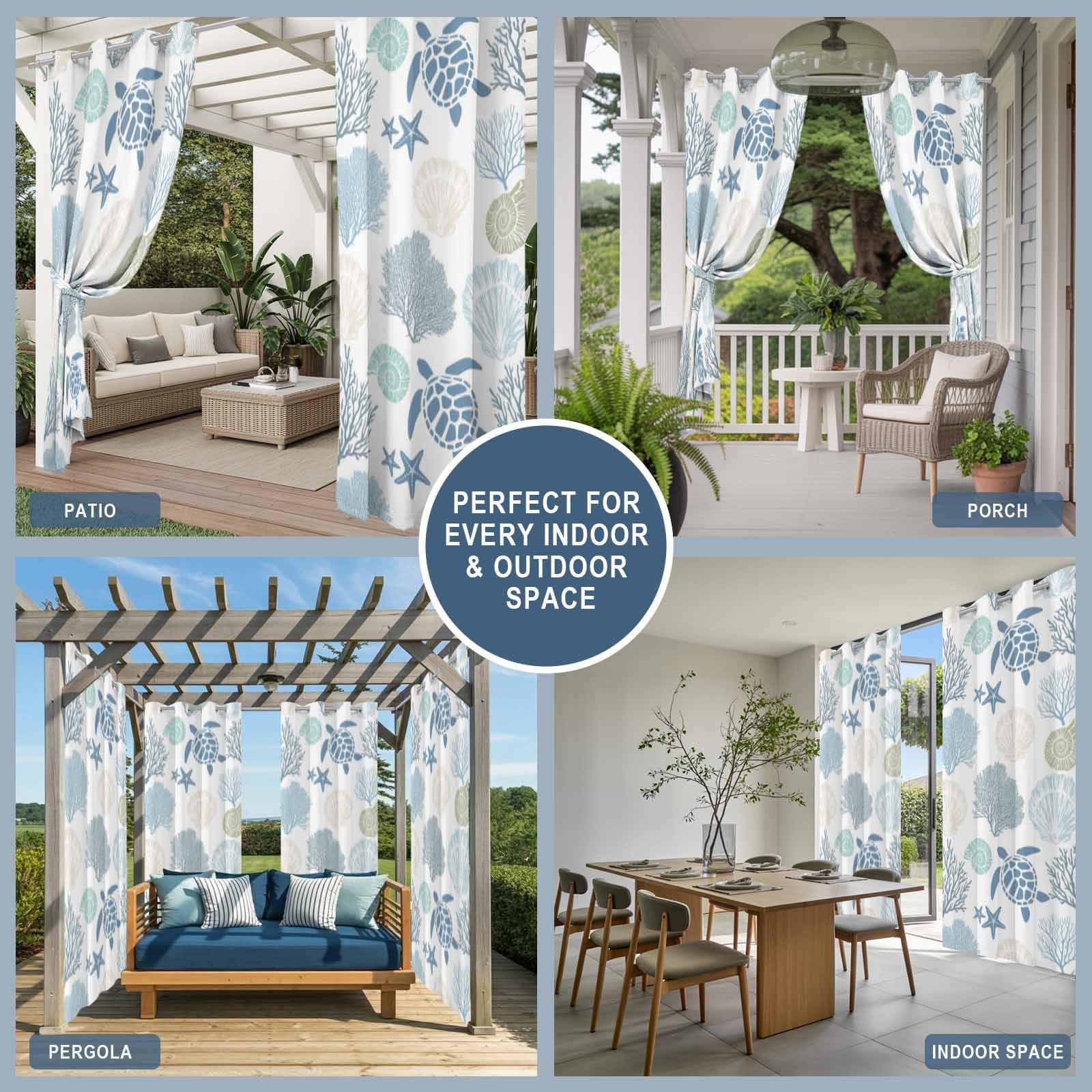 Summer Marine Life Outdoor Curtains for Patio, Graffiti Sea Turtle Starfish Teal Conch Coral Sunshade Privacy Drapes Grommet Waterproof Outside Curtains for Porch/Cabana/Balcony 54"x 108", 1 Panel
