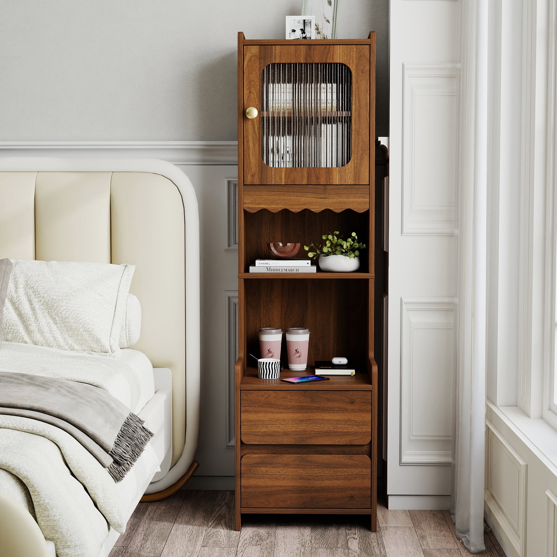 Tall Nightstand with Glass Door, Mid-Century Modern Bedside Table with Open Shelves and 2 Drawers, Walnut Wood Night Stand & Bookshelf for Bedroom, Living Room