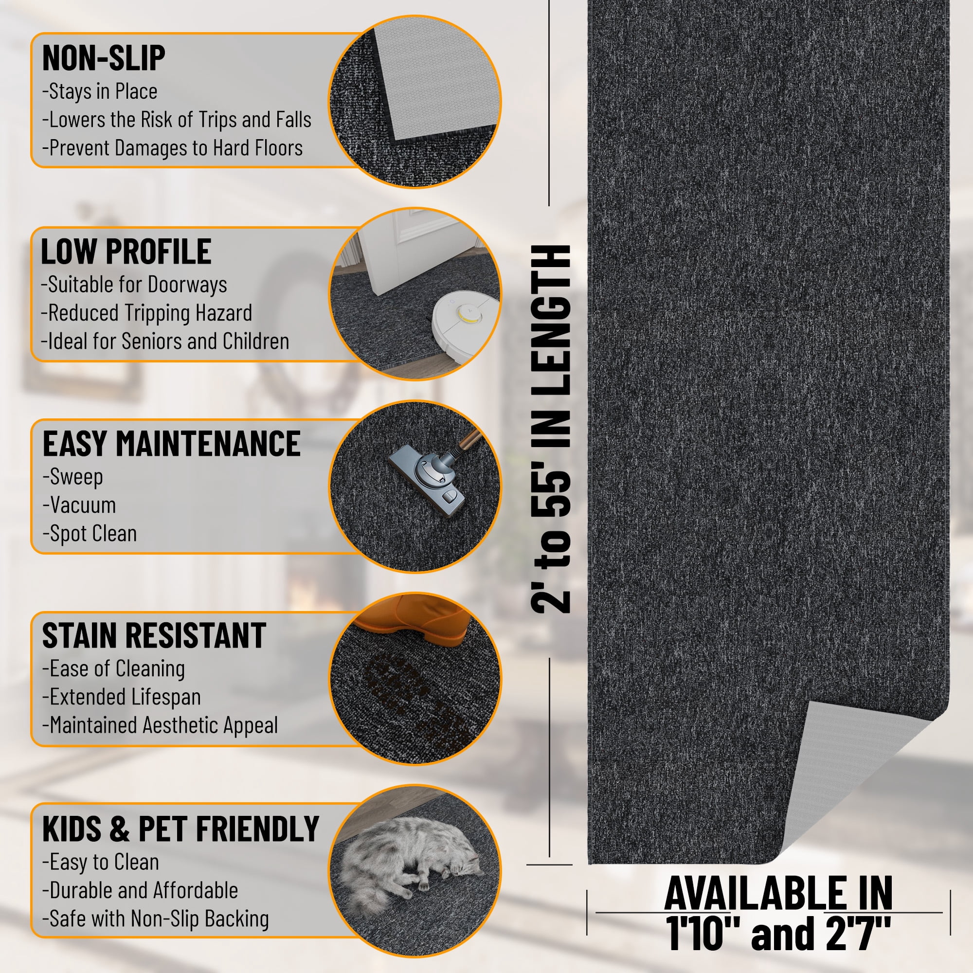 Ottomanson Hallway Runner Rug 1'10" x 13' Non-Slip Stain-Resistant Custom Size Carpet for Kitchen, Black