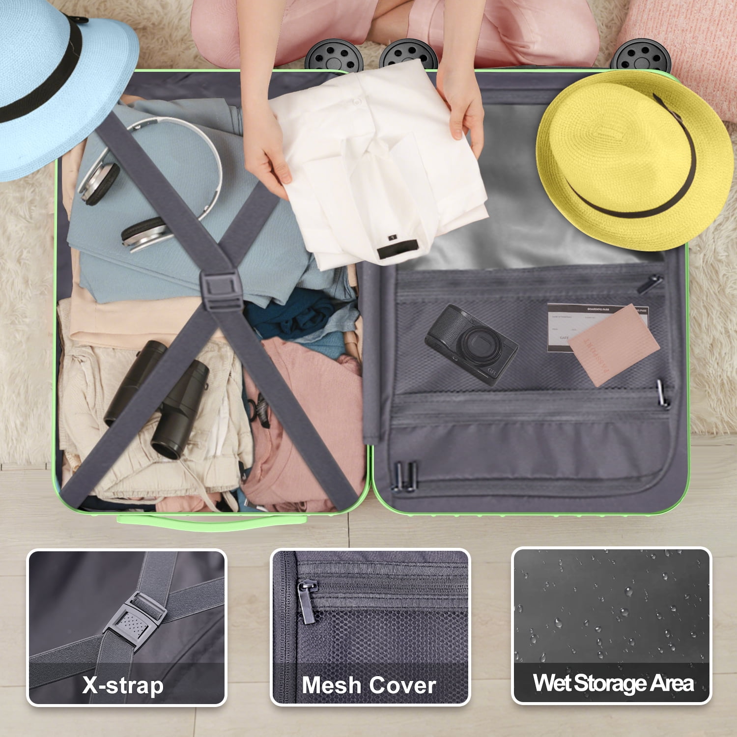 Checked Luggage PC ABS Hardshell Suitcase with Spinner Wheels TSA Lock USB Port and Cup Holder 28 inch AppleGreen