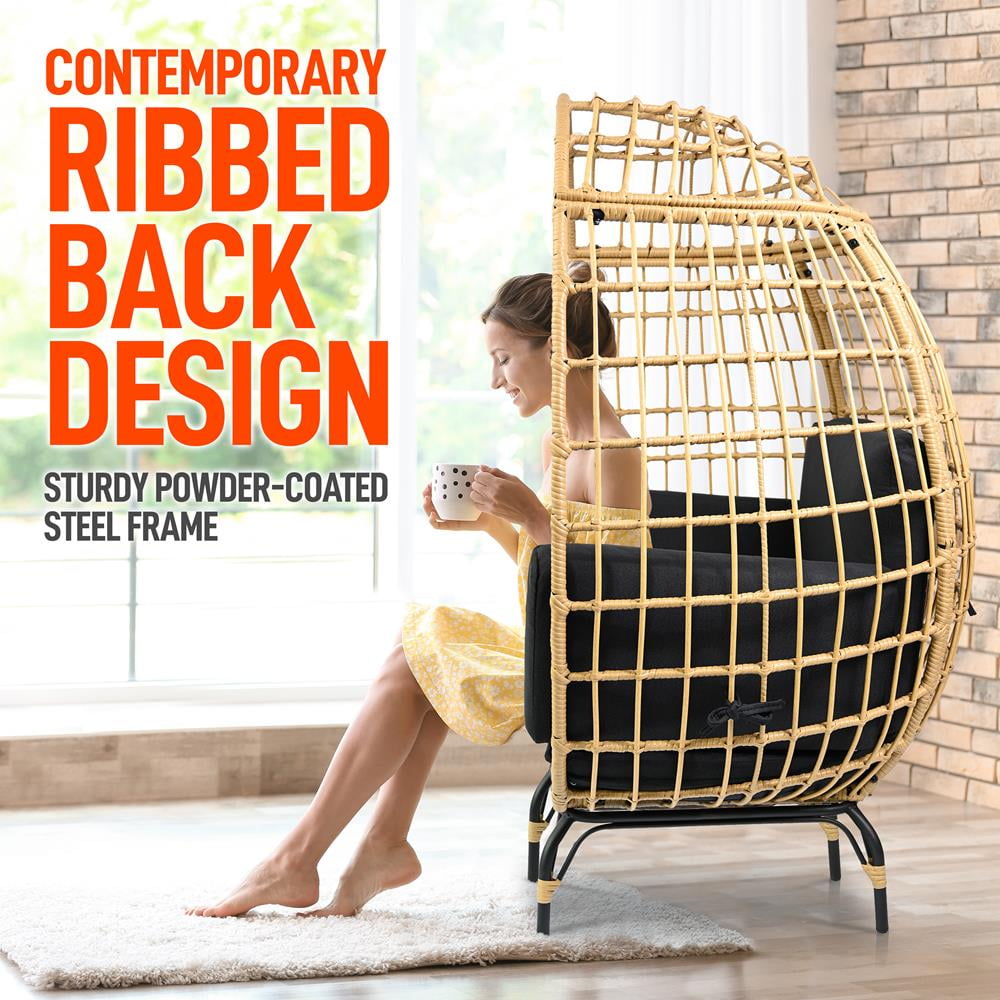 SereneLife Indoor Outdoor Black Wicker Rattan Egg Chair for Patio Backyard With 4 Cushions