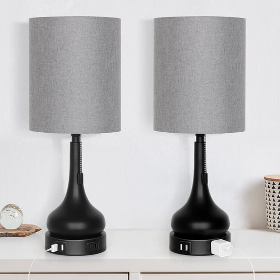 2-Pack Linen Shade Charging Table Lamps - Bedside Lamps with USB Ports, AC Outlet & Pull Chain for Bedroom & Living Room