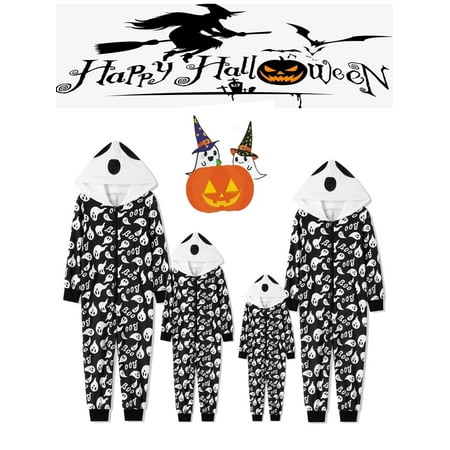 

Family Matching Halloween Jumpsuits Pajamas Ghost Print Hooded Long Sleeve Playsuits Autumn Winter Zipper-Up Long Rompers