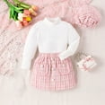 thumbnail image 4 of TFEOQRY Toddler Girls 2 Pieces Cotton Outfits High Neck Lantern Long Sleeve Top White + Tweed Plaid Skirt + Hat Set Pink, 4 of 9