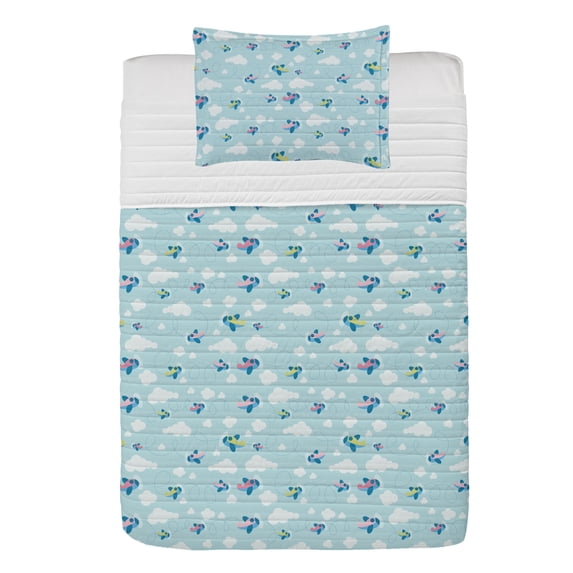 Plane Microfiber Bedspread Set, Cartoon Style Sky with Airplanes and Clouds Swirls Scrapbook Design Pattern, Soft Bedding Set with Pillow Shams & Comforter, 3 Sizes, Pale Blue White Pink, by Ambesonne