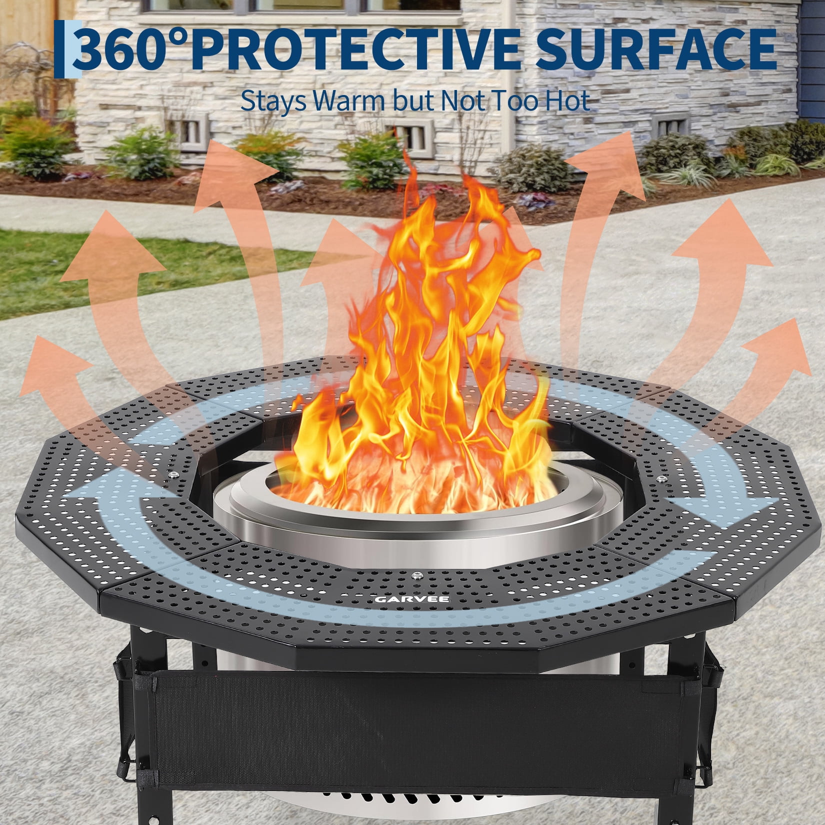 Black Fire Pit Table Surround – 360° Safety Barrier for Solo Stove, Heavy Duty Q235 Steel Campfire Table, UV-Resistant Outdoor Patio Accessory, Rustproof Metal Portable Fire Pit Stand